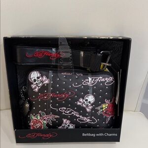 Ed Hardy Black/Pink/ Red Sparkly  Belt Bag with Skull and Heart Charms